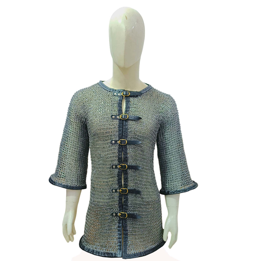 Medieval Mild Steel Chainmail Shirt with Leather Trim Hauberk Armor for Adult Knight Wear