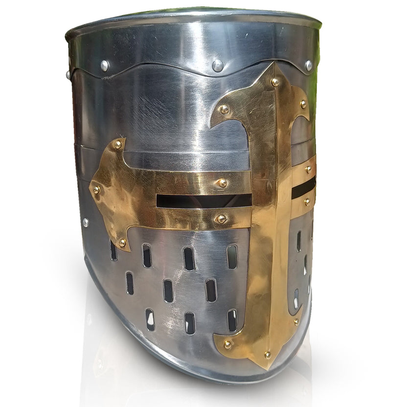 Medieval Templar Helmet with Brass Cross Design Crusader Knight Mild Steel Armor Helmet