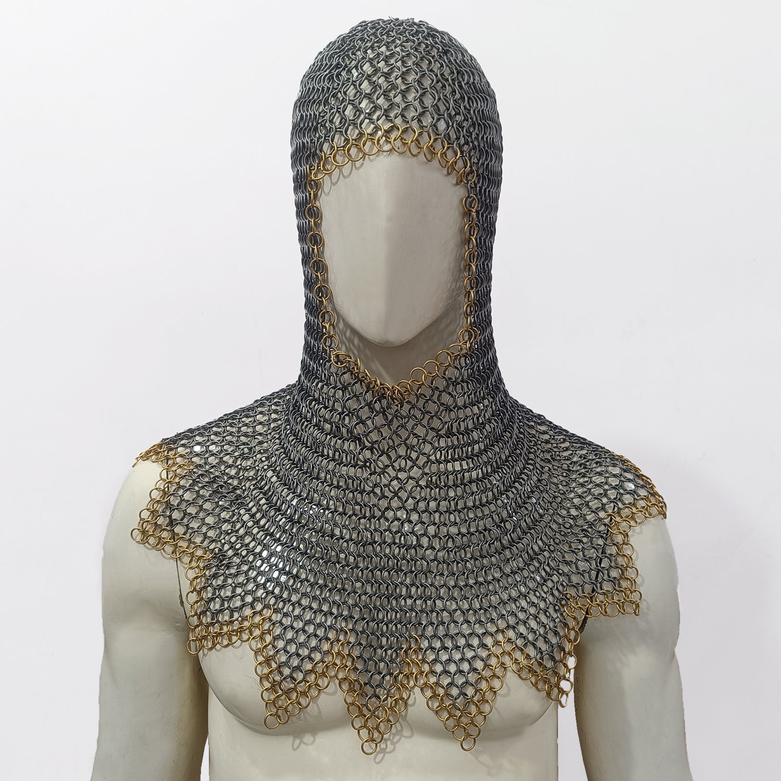 Mild Steel Chainmail Coif Hood Flat Riveted with Washer Ring Mail Armor with Zig-Zag Design and Brass Ring Border