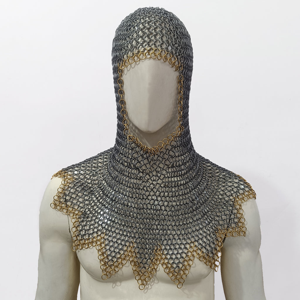 Mild Steel Chainmail Coif Hood Flat Riveted with Washer Ring Mail Armor with Zig-Zag Design and Brass Ring Border