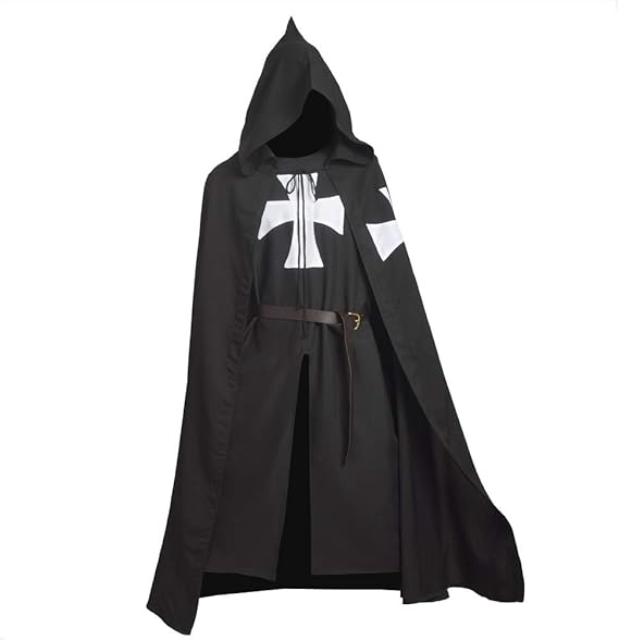 Medieval Knight Templar Cotton Hooded Cloak and Tunic Set Black Crusader Costume for Cosplay and Halloween