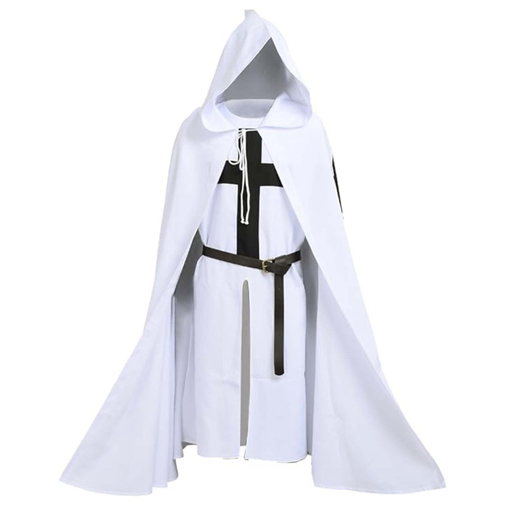 Medieval Crusader Knight Cotton Tunic with Hooded Cloak Black Templar Costume