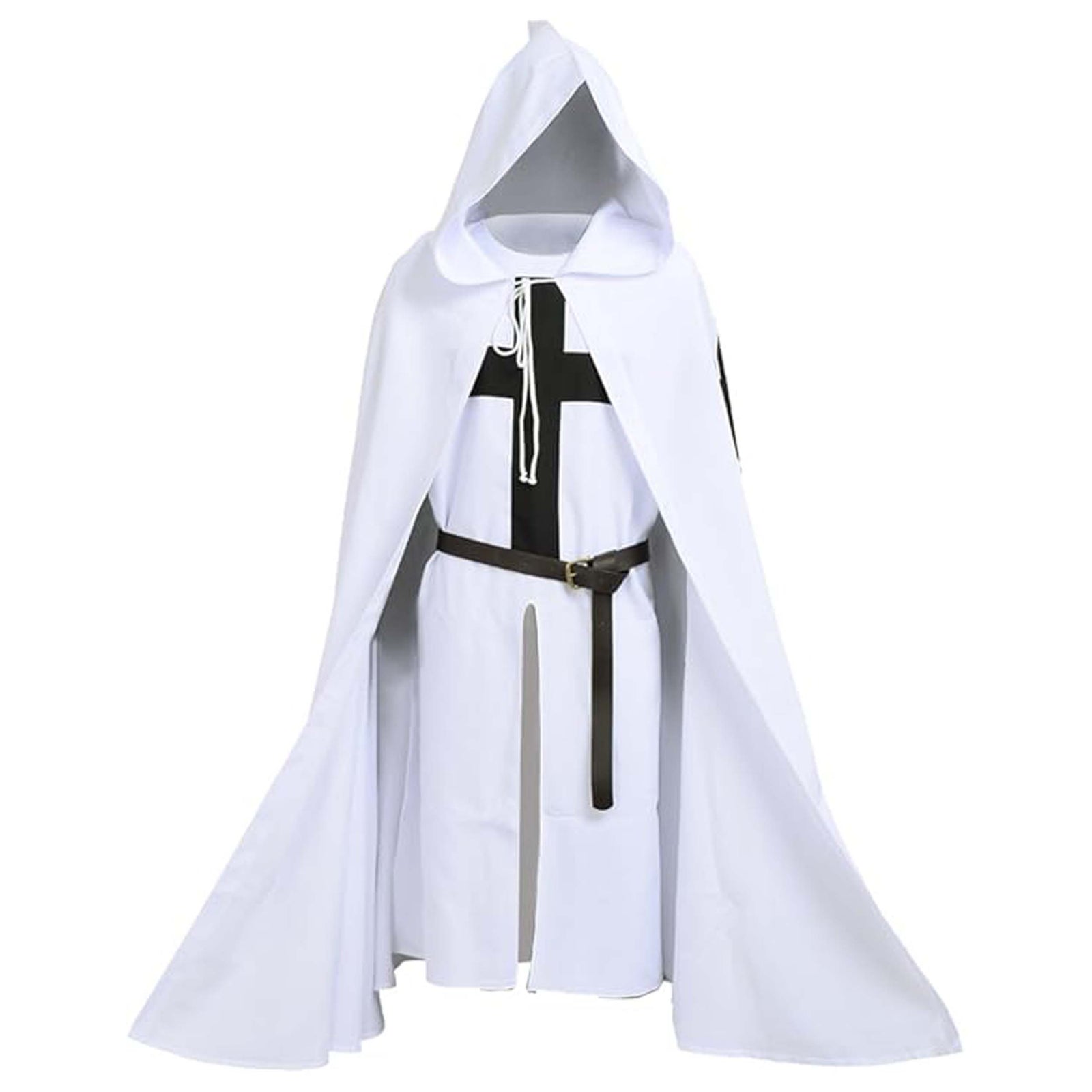 Medieval Crusader Knight Cotton Tunic with Hooded Cloak Black Templar Costume