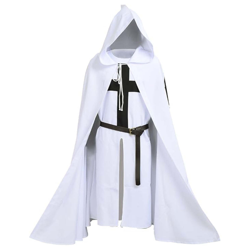 Medieval Crusader Knight Cotton Tunic with Hooded Cloak Black Templar Costume