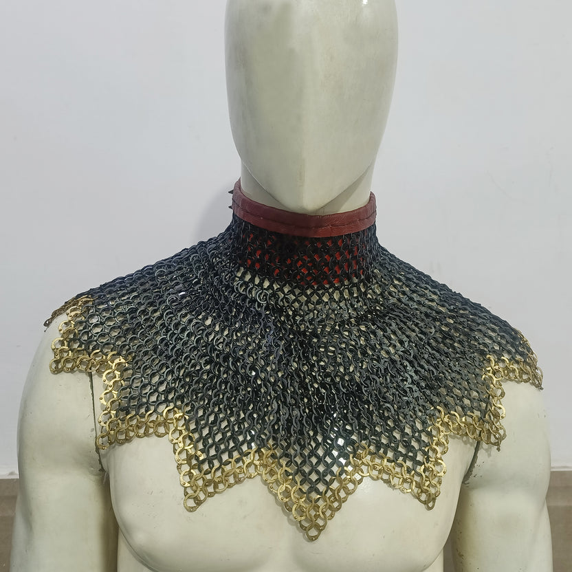 Medieval Mild Steel Chainmail Collar with Brass Ring Border Zig-Zag Neck Protection Armor for LARP Reenactment Cosplay