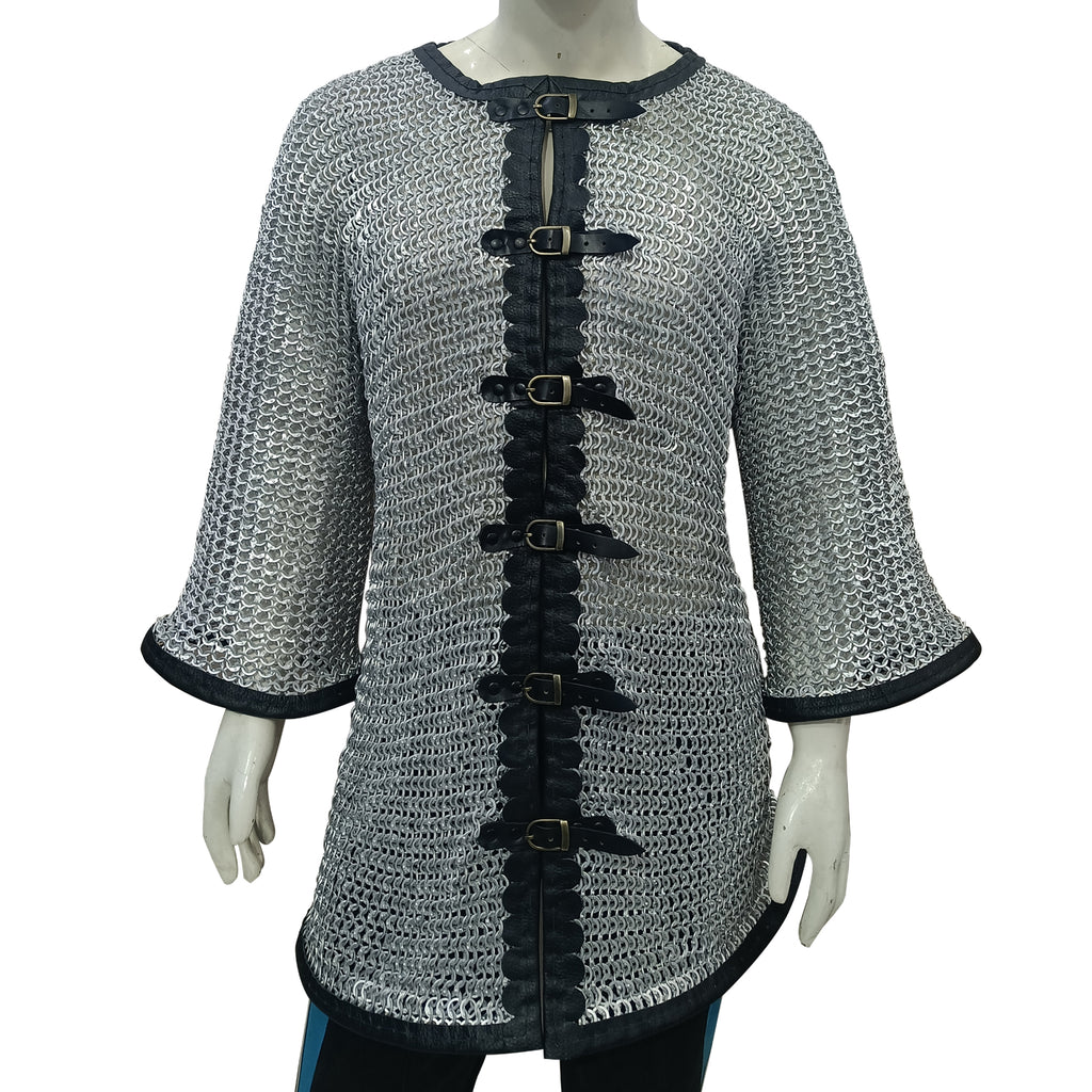 Medieval Chainmail Shirt Aluminum Flat Riveted Ring Hauberk with Leather Trim