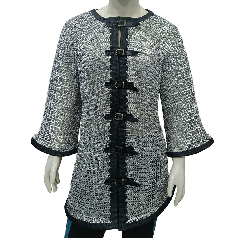 Medieval Chainmail Shirt Aluminum Flat Riveted Ring Hauberk with Leather Trim