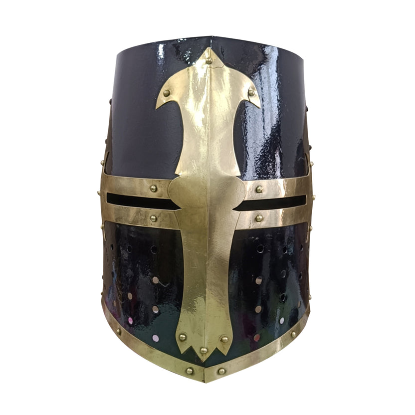 Medieval Black Templar Helmet with Brass Cross Design Crusader Knight Mild Steel Armor