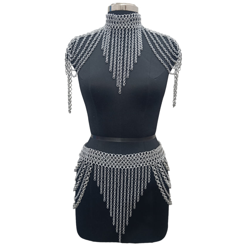 Medieval Chainmail Collar and Skirt Set Aluminum Women's Body Jewelry Fantasy Festival Costume