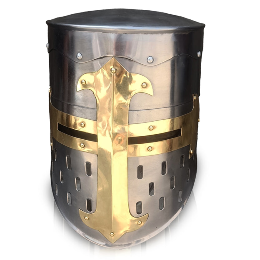 Medieval Templar Helmet with Brass Cross Design Crusader Knight Mild Steel Armor Helmet