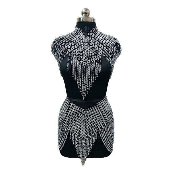Aluminum Chainmail Collar and Skirt Set Women's Body Jewelry Medieval Festival Costume