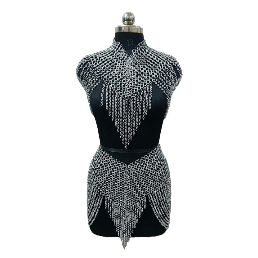 Aluminum Chainmail Collar and Skirt Set Women's Body Jewelry Medieval Festival Costume