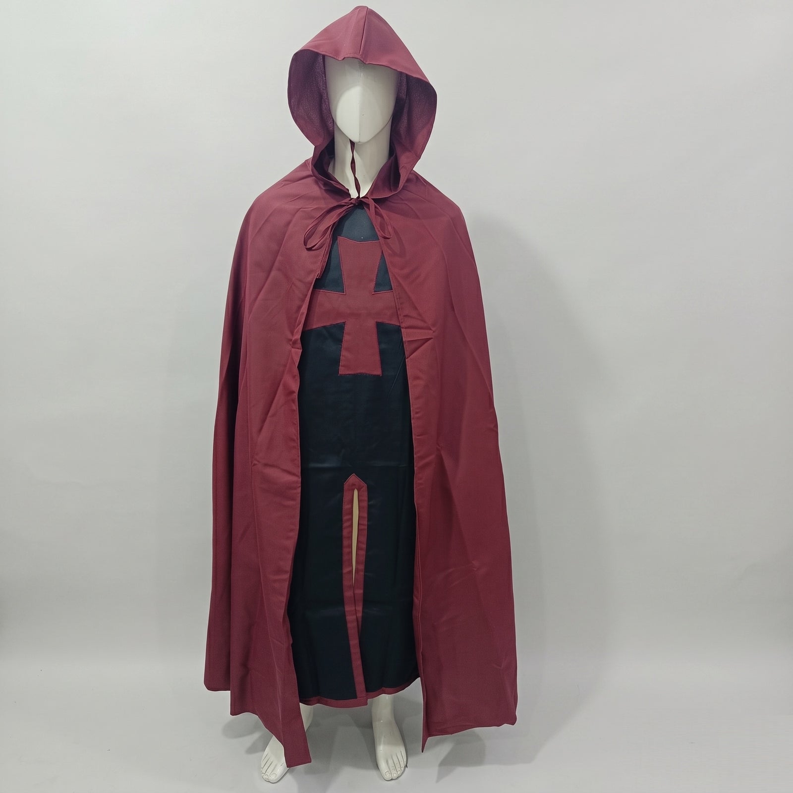 Medieval Templar Cotton Hooded Cloak and Tunic Set Red and Black Crusader Costume for Halloween