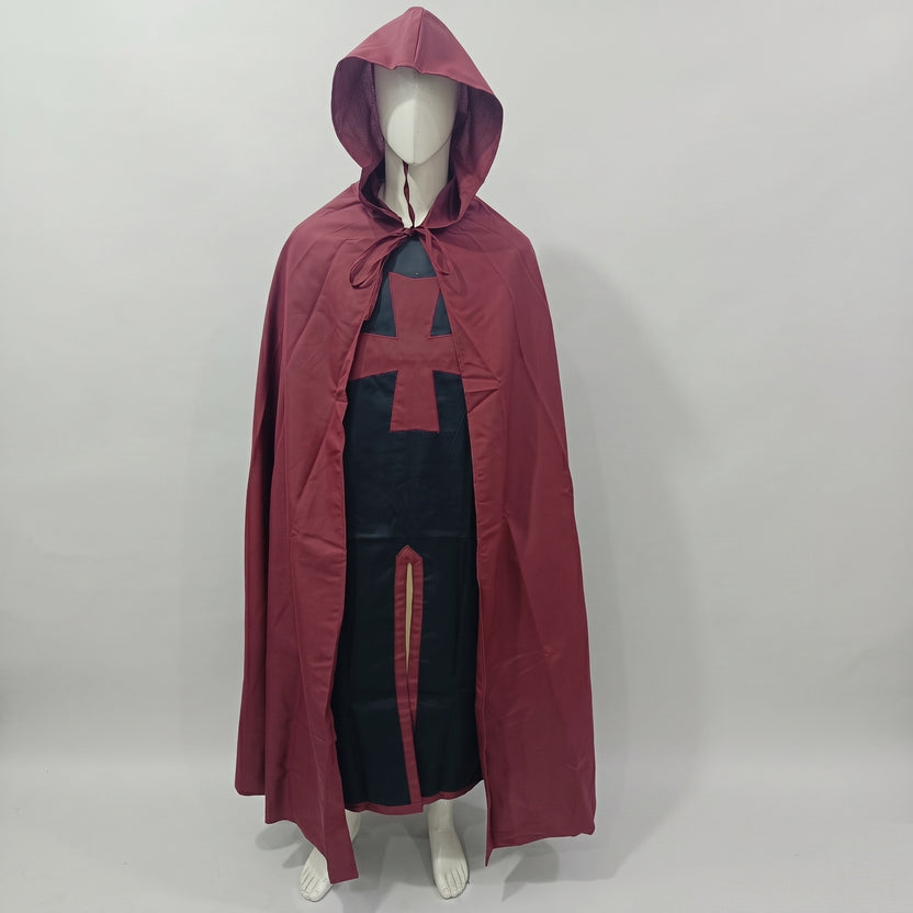 Medieval Templar Cotton Hooded Cloak and Tunic Set Red and Black Crusader Costume for Halloween