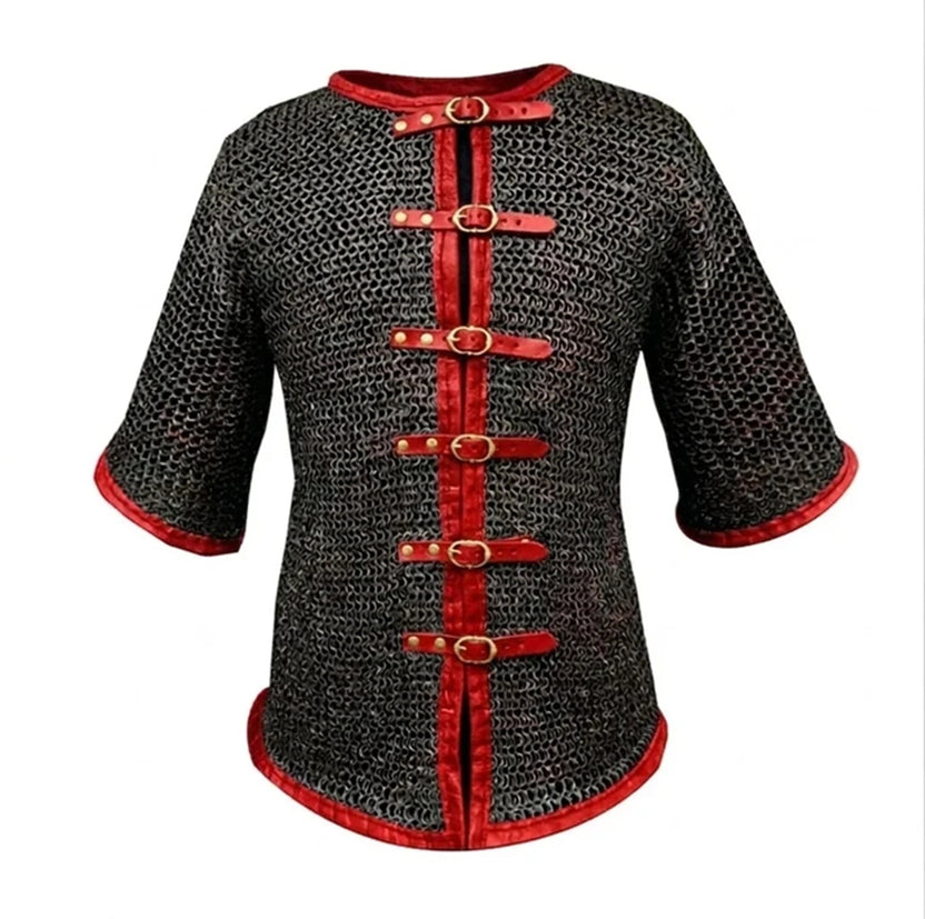 Chainmail Hauberk with Leather Trim Mild Steel Blackened Finish Shirt for Adult Knight Wear