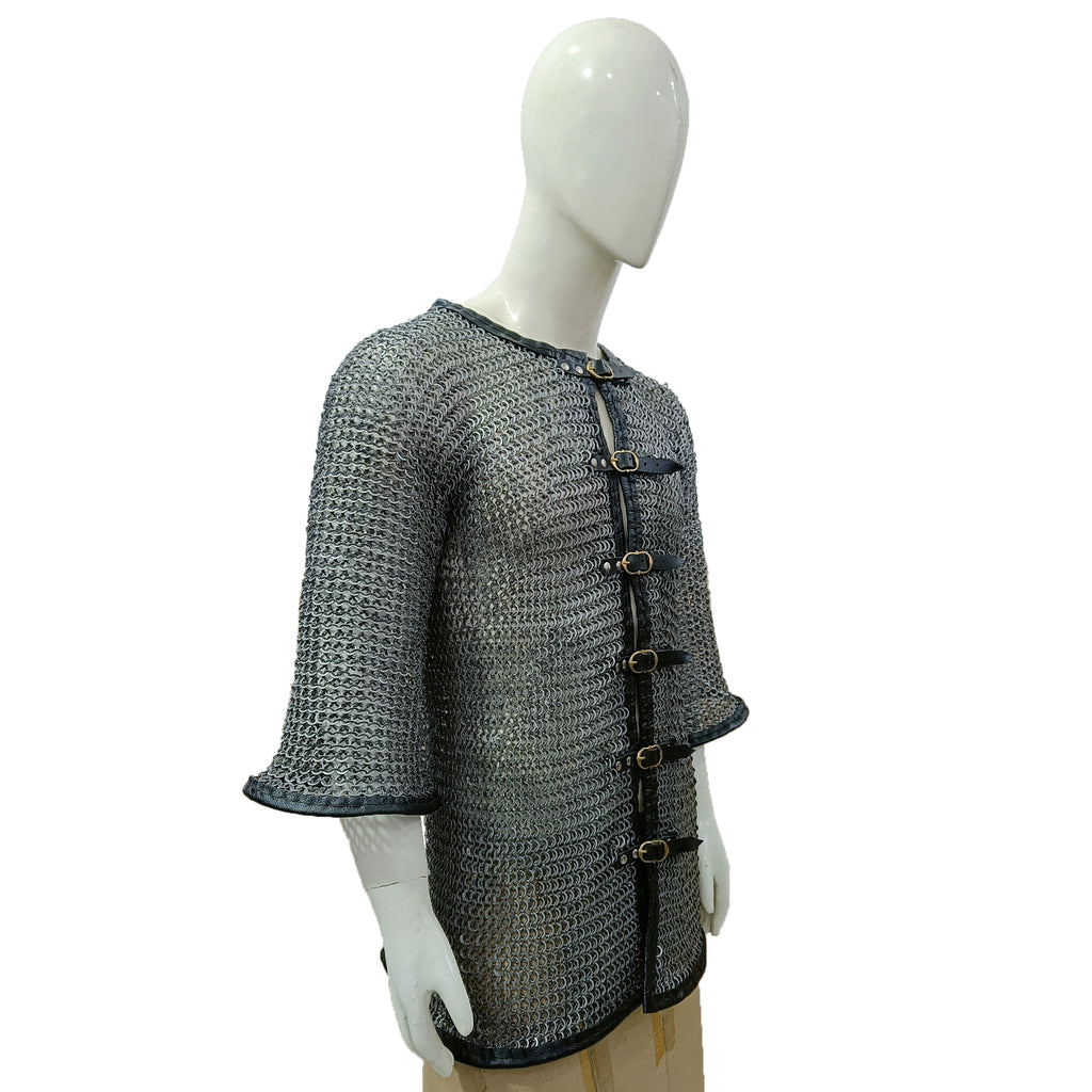 Medieval Mild Steel Chainmail Shirt with Leather Trim Hauberk Armor for Adult Knight Wear