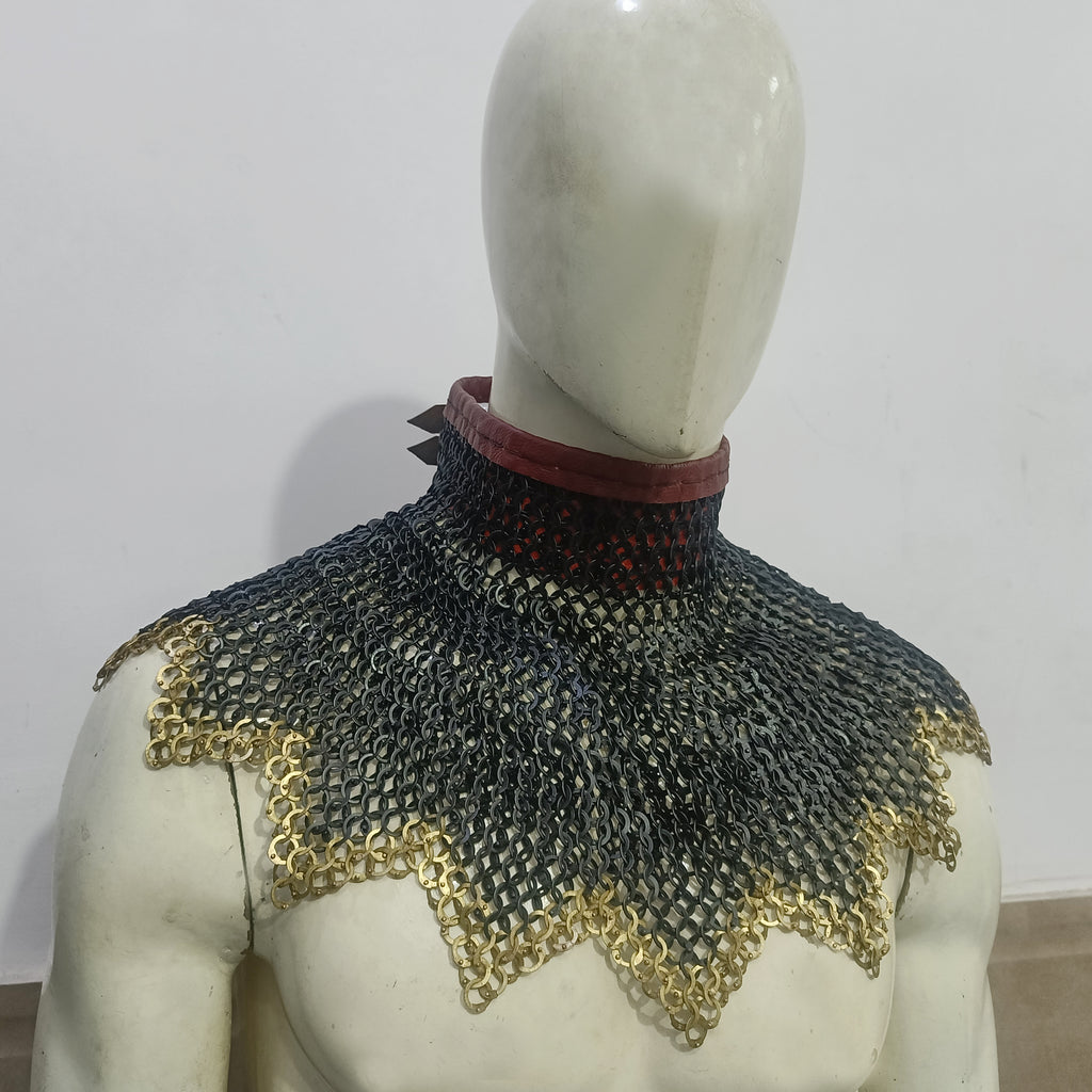 Medieval Mild Steel Chainmail Collar with Brass Ring Border Zig-Zag Neck Protection Armor for LARP Reenactment Cosplay
