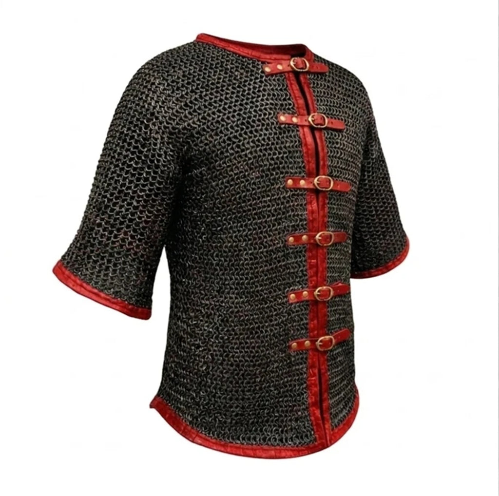 Chainmail Hauberk with Leather Trim Mild Steel Blackened Finish Shirt for Adult Knight Wear