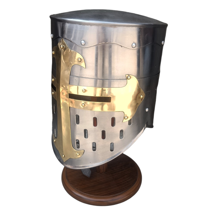 Medieval Templar Helmet with Brass Cross Design Crusader Knight Mild Steel Armor Helmet