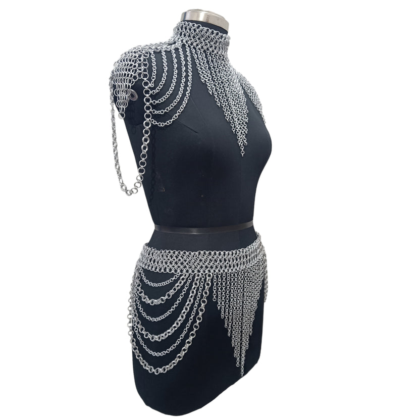 Medieval Chainmail Collar and Skirt Set Aluminum Women's Body Jewelry Fantasy Festival Costume