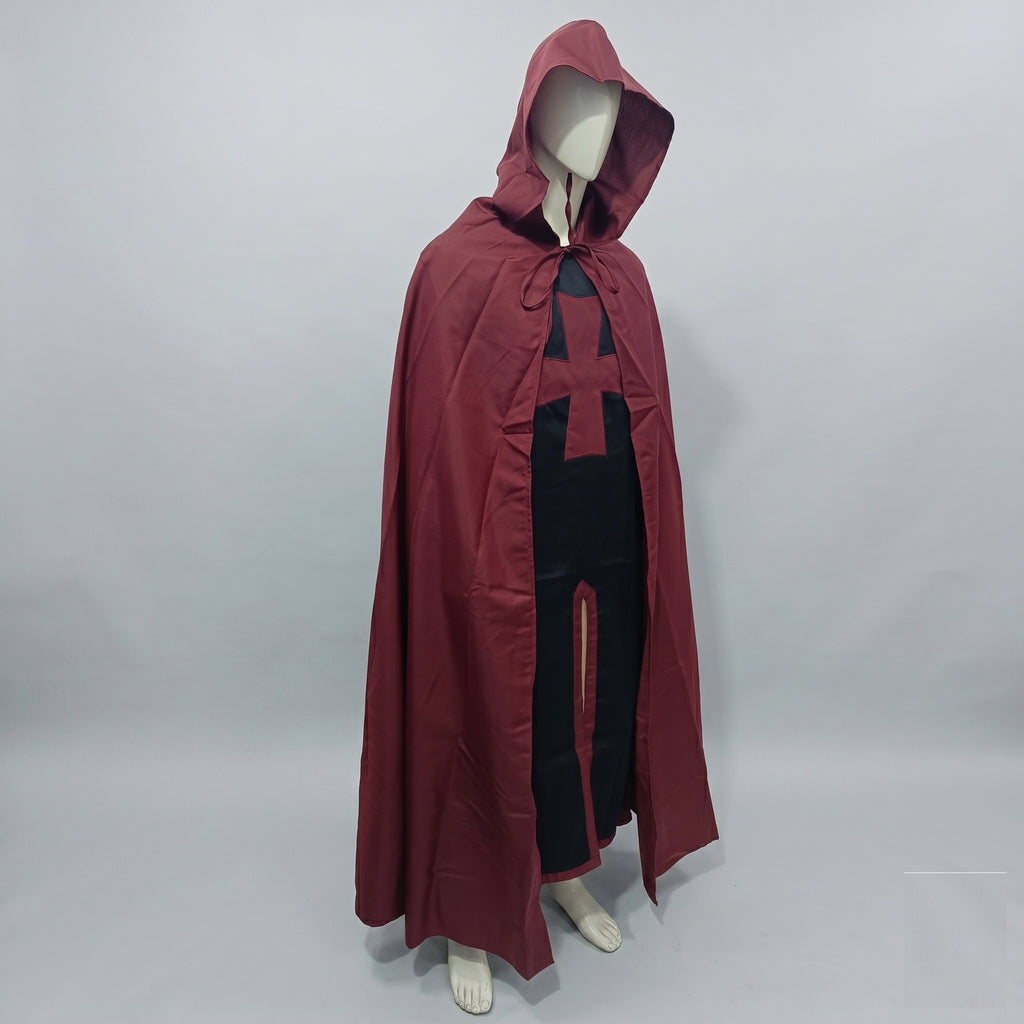 Medieval Templar Cotton Hooded Cloak and Tunic Set Red and Black Crusader Costume for Halloween