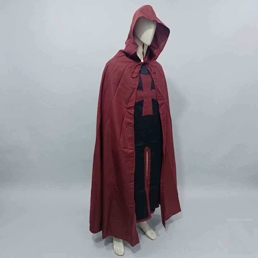 Medieval Templar Cotton Hooded Cloak and Tunic Set Red and Black Crusader Costume for Halloween