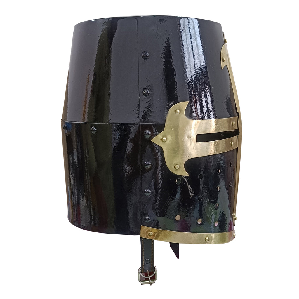 Medieval Black Templar Helmet with Brass Cross Design Crusader Knight Mild Steel Armor