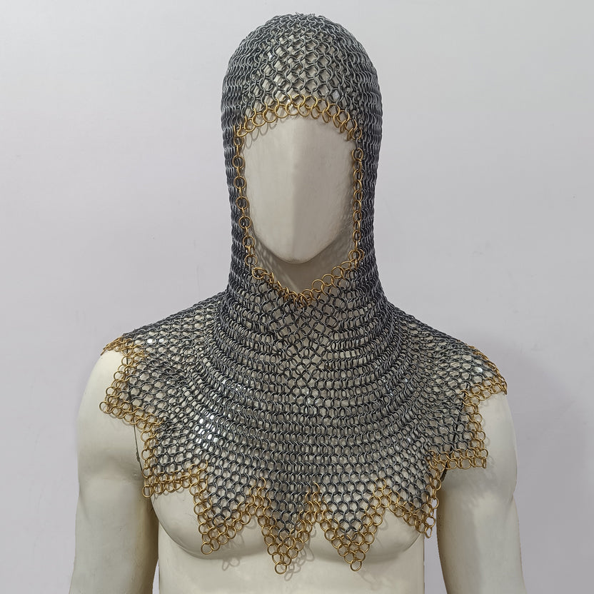 Mild Steel Chainmail Coif Hood Flat Riveted with Washer Ring Mail Armor with Zig-Zag Design and Brass Ring Border