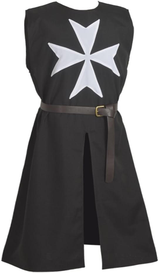 Medieval Knight Templar Cotton Hooded Cloak and Tunic Set Black Crusader Costume for Cosplay and Halloween