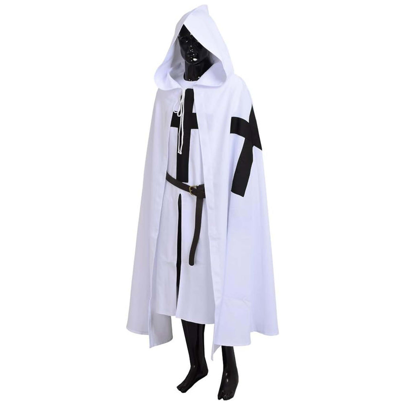 Medieval Crusader Knight Cotton Tunic with Hooded Cloak Black Templar Costume