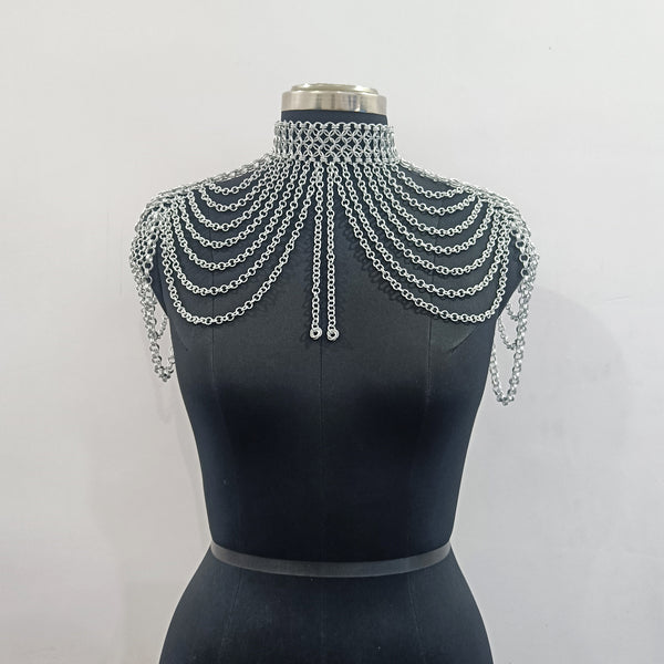 Aluminum Chainmail Collar Necklace Butted Ring Gothic Jewelry Choker for Cosplay LARP and Halloween Costume