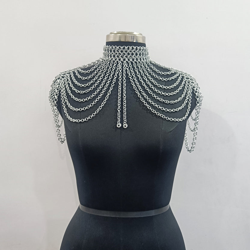 Aluminum Chainmail Collar Necklace Butted Ring Gothic Jewelry Choker for Cosplay LARP and Halloween Costume