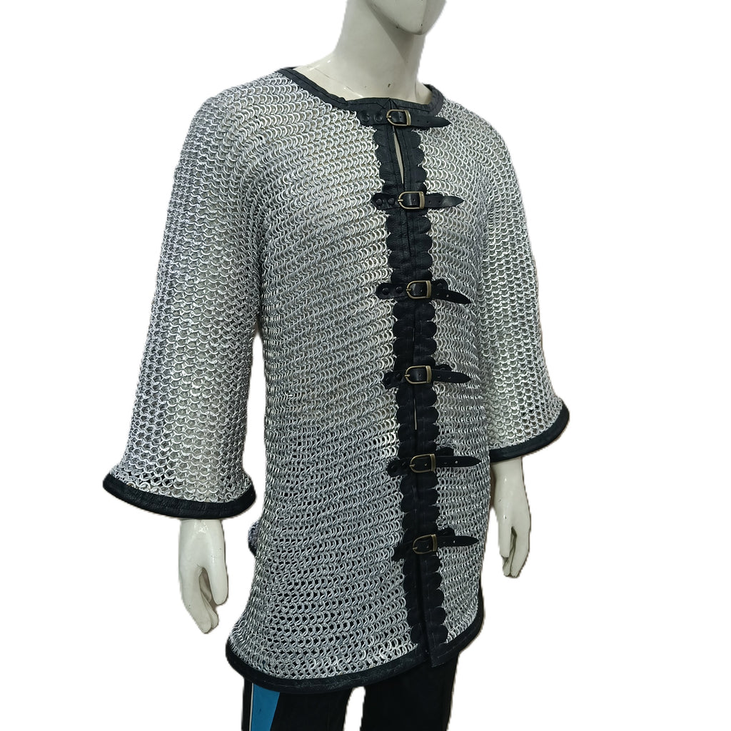 Medieval Chainmail Shirt Aluminum Flat Riveted Ring Hauberk with Leather Trim