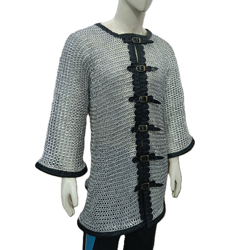 Medieval Chainmail Shirt Aluminum Flat Riveted Ring Hauberk with Leather Trim