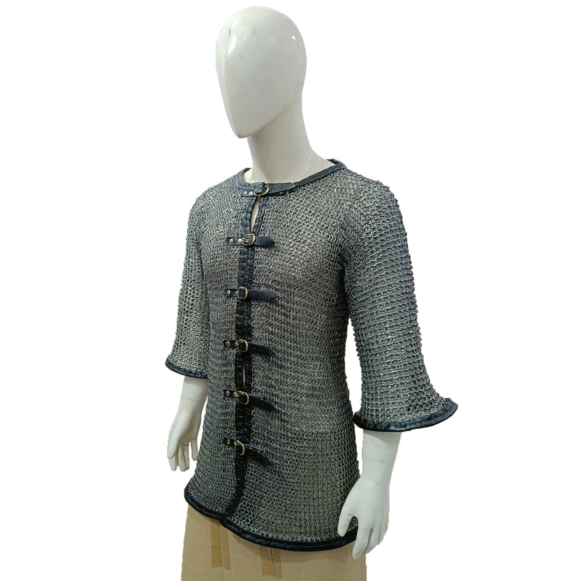 Medieval Mild Steel Chainmail Shirt with Leather Trim Hauberk Armor for Adult Knight Wear