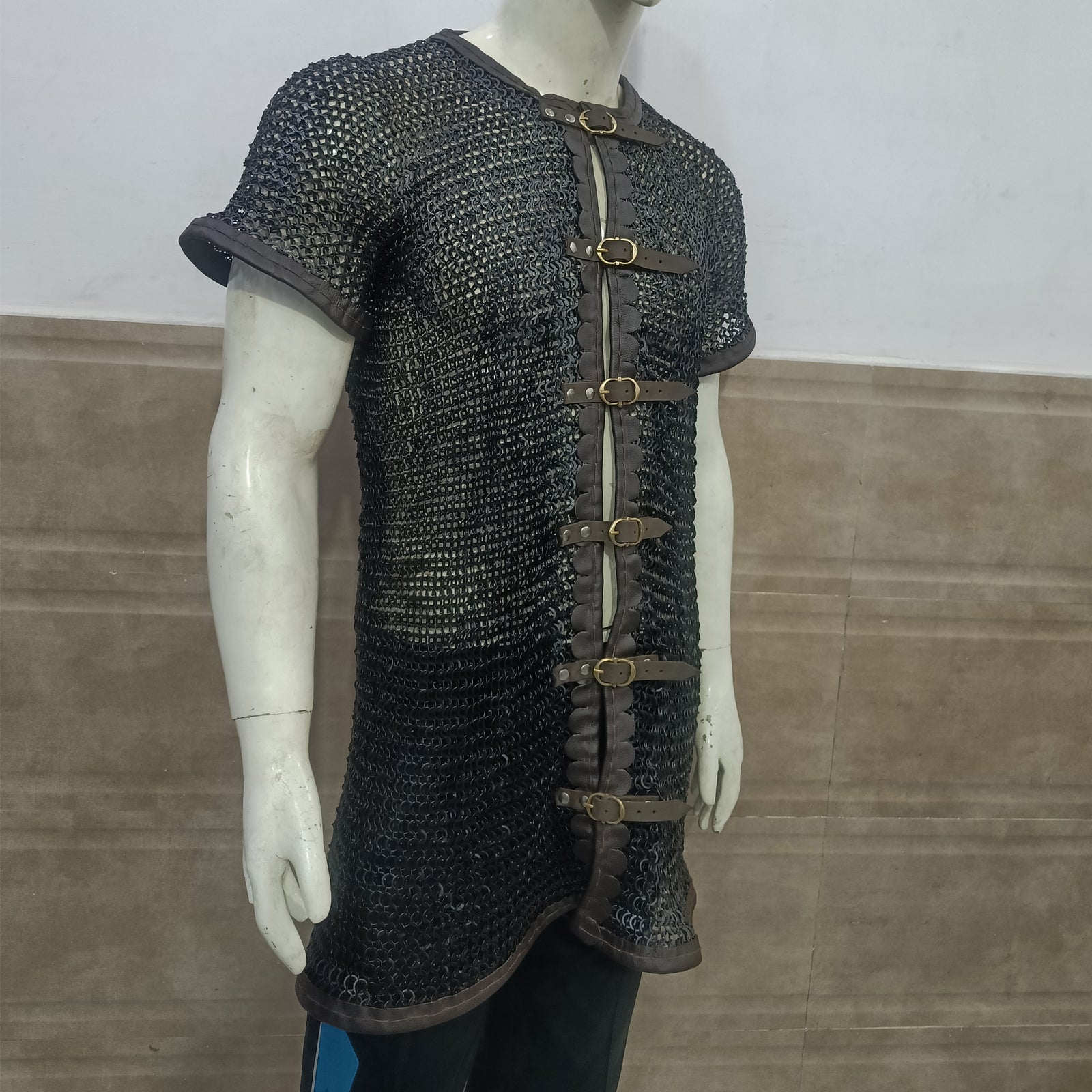 Mild Steel Chainmail Shirt with Leather Trim Blackened Finish Hauberk Armor for Adult Knight Wear