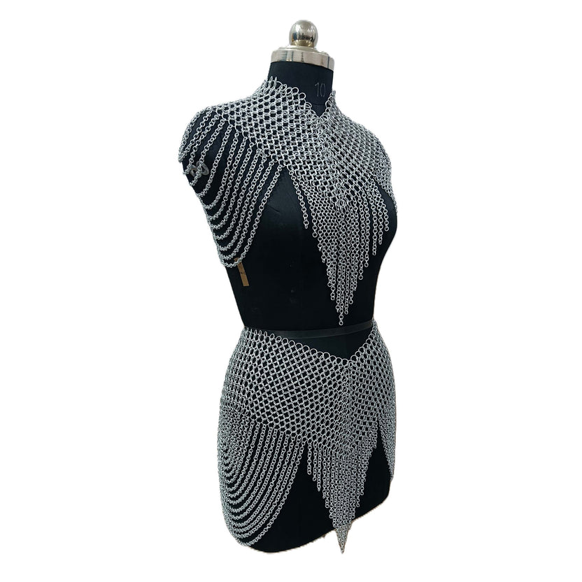 Aluminum Chainmail Collar and Skirt Set Women's Body Jewelry Medieval Festival Costume