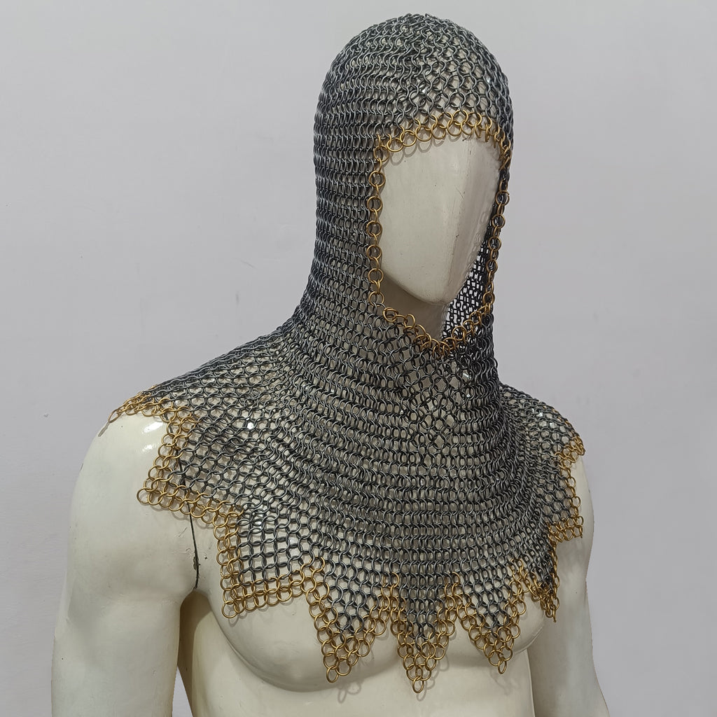 Mild Steel Chainmail Coif Hood Flat Riveted with Washer Ring Mail Armor with Zig-Zag Design and Brass Ring Border