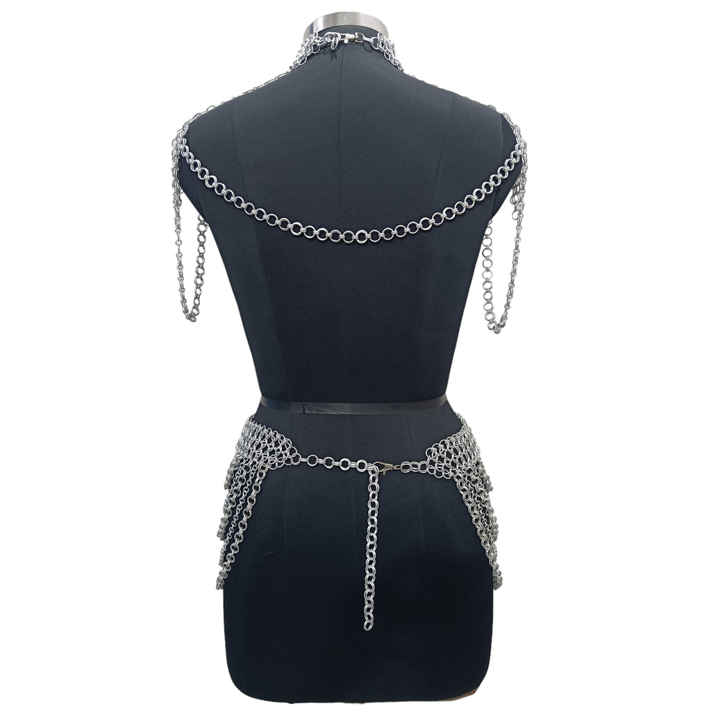 Medieval Chainmail Collar and Skirt Set Aluminum Women's Body Jewelry Fantasy Festival Costume