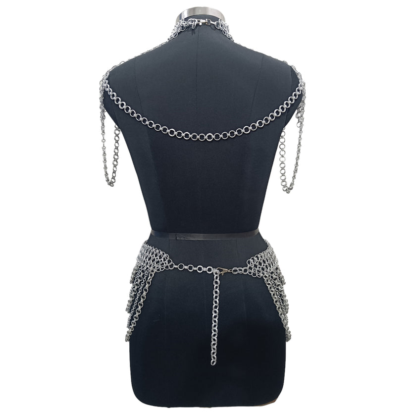 Medieval Chainmail Collar and Skirt Set Aluminum Women's Body Jewelry Fantasy Festival Costume