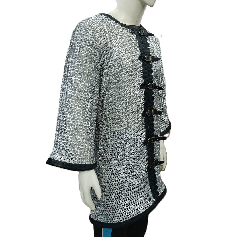 Medieval Chainmail Shirt Aluminum Flat Riveted Ring Hauberk with Leather Trim
