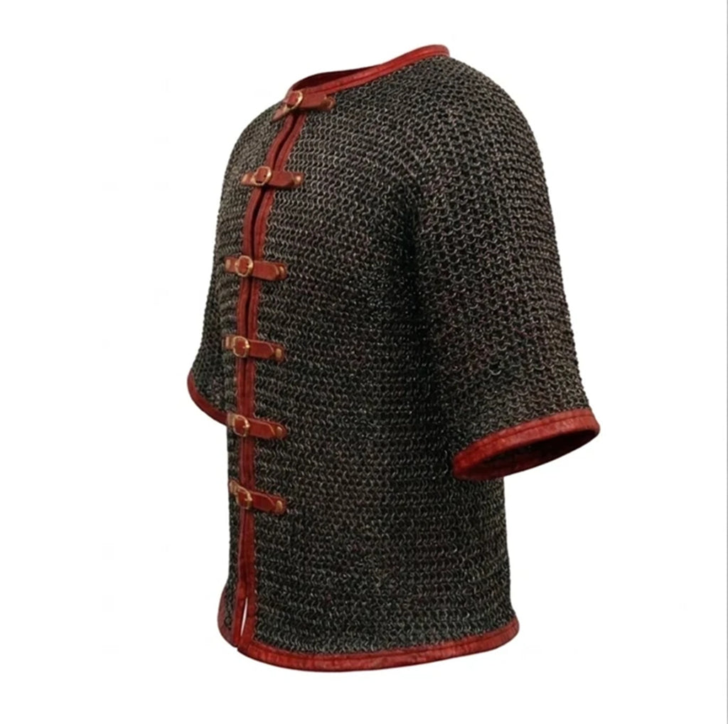 Chainmail Hauberk with Leather Trim Mild Steel Blackened Finish Shirt for Adult Knight Wear