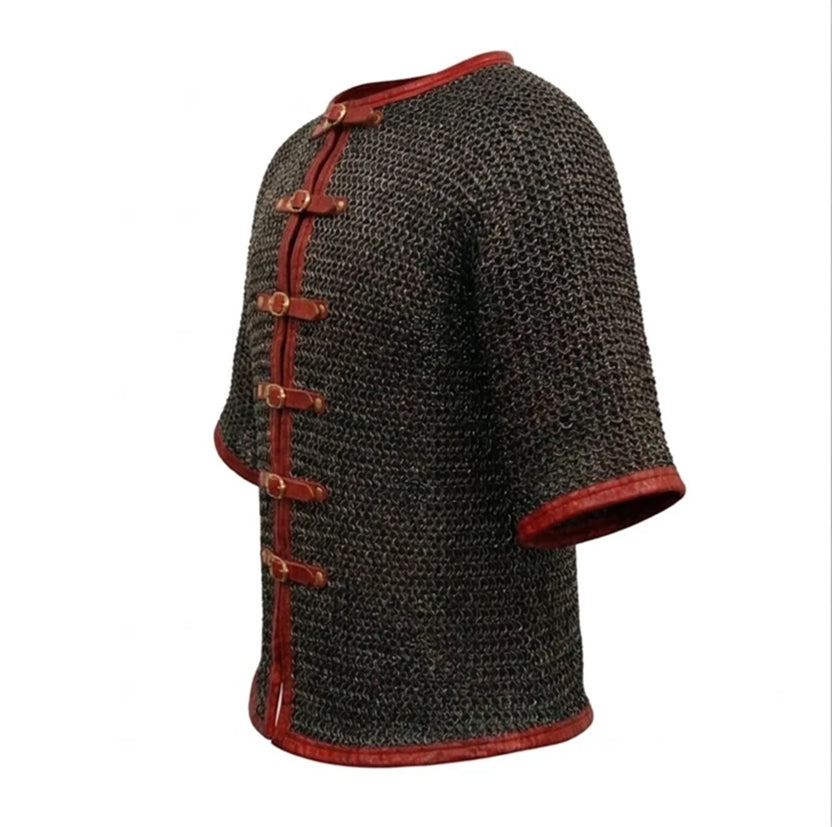 Chainmail Hauberk with Leather Trim Mild Steel Blackened Finish Shirt for Adult Knight Wear