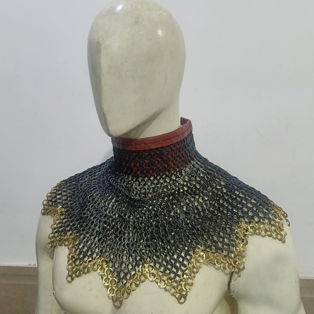 Medieval Mild Steel Chainmail Collar with Brass Ring Border Zig-Zag Neck Protection Armor for LARP Reenactment Cosplay