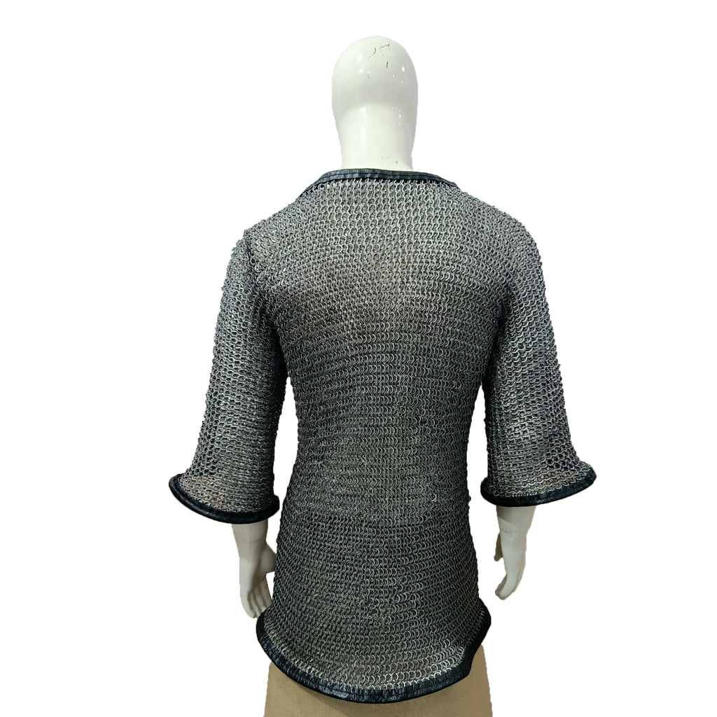 Medieval Mild Steel Chainmail Shirt with Leather Trim Hauberk Armor for Adult Knight Wear
