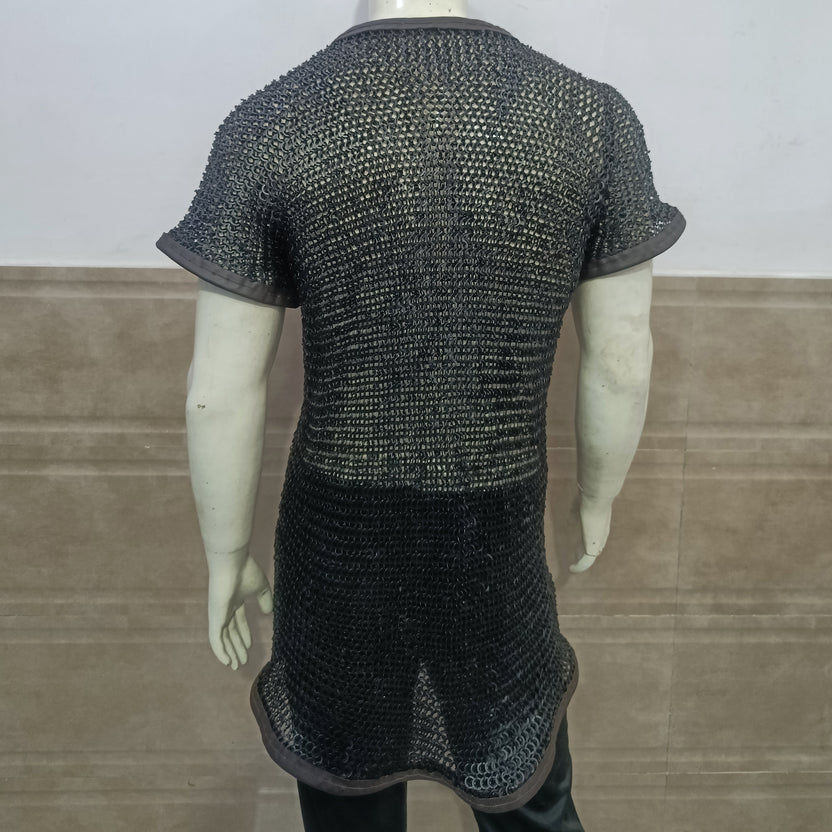 Mild Steel Chainmail Shirt with Leather Trim Blackened Finish Hauberk Armor for Adult Knight Wear