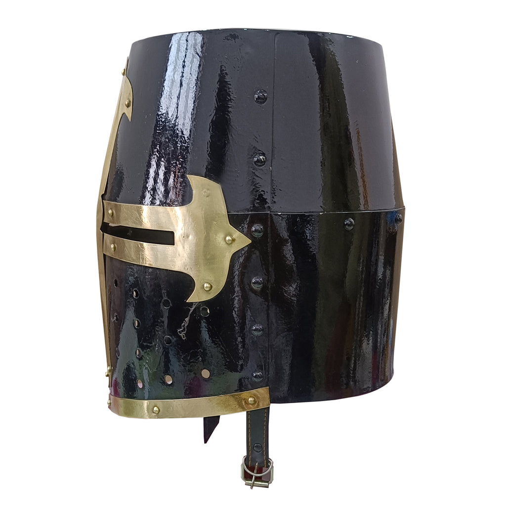 Medieval Black Templar Helmet with Brass Cross Design Crusader Knight Mild Steel Armor