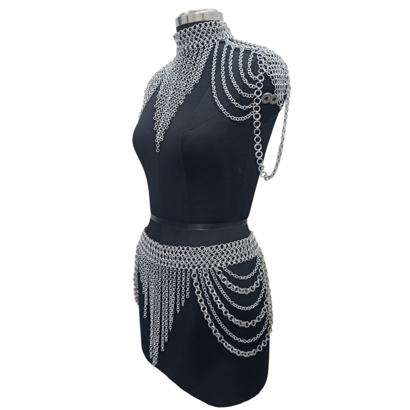 Medieval Chainmail Collar and Skirt Set Aluminum Women's Body Jewelry Fantasy Festival Costume