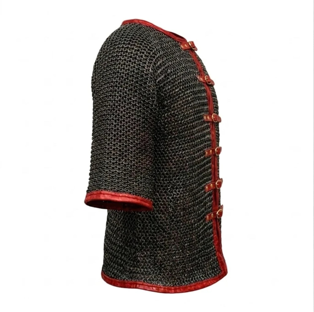 Chainmail Hauberk with Leather Trim Mild Steel Blackened Finish Shirt for Adult Knight Wear