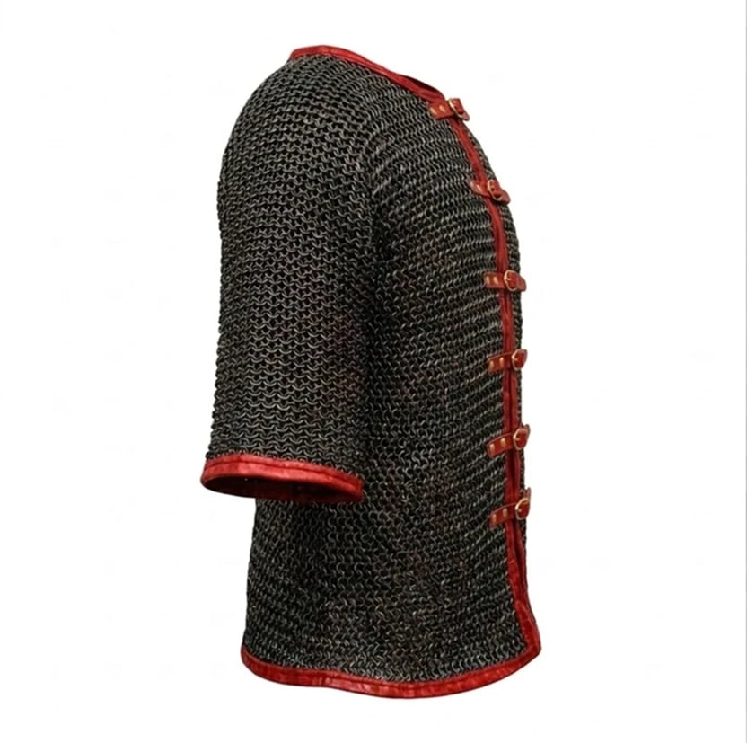 Chainmail Hauberk with Leather Trim Mild Steel Blackened Finish Shirt for Adult Knight Wear